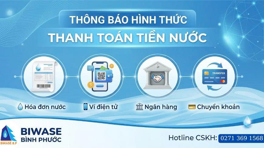 THÔNG BÁO CÁC HÌNH THỨC THANH TOÁN TIỀN NƯỚC BIWASE BÌNH PHƯỚC